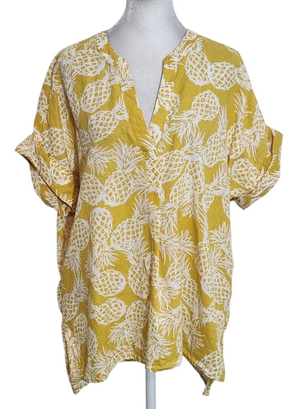St. John's Bay Yellow Pineapple Print Women's Top Size Large Linen Blend Top